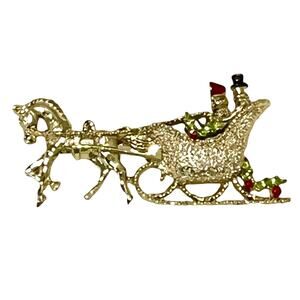 Gerrys Horse Sleigh Brooch Pin Christmas Santa Ride 2" Signed Enameled Gold Vtg